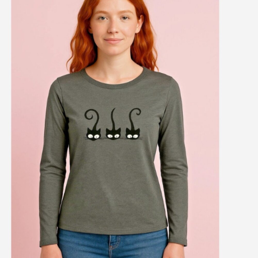Three Black Cats Graphic Shirt Womens Size Large Long Sleeve Dark Gray 100% Poly